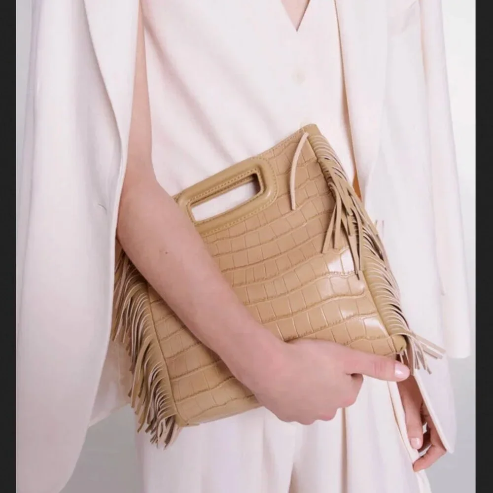 🍦 NWT $360 Maje Ecru Vanilla Leather Croco Fringe Handbag Clutch